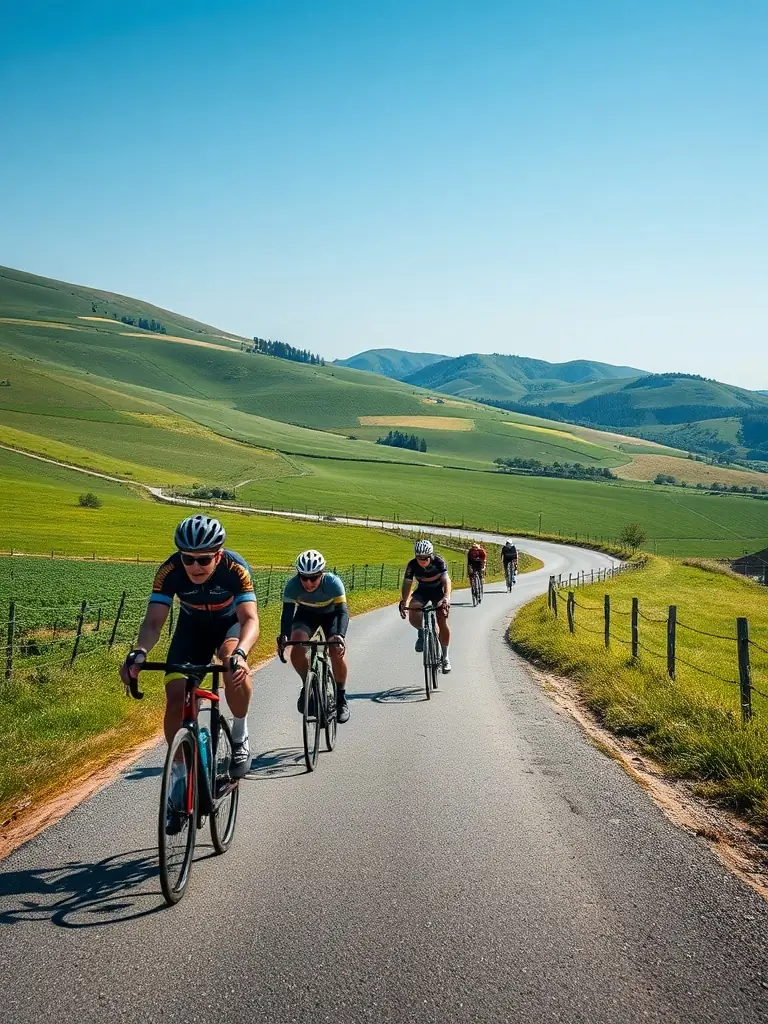 A scenic shot of a group of cyclists riding through the French countryside during a triathlon training camp, emphasizing endurance and scenic beauty.