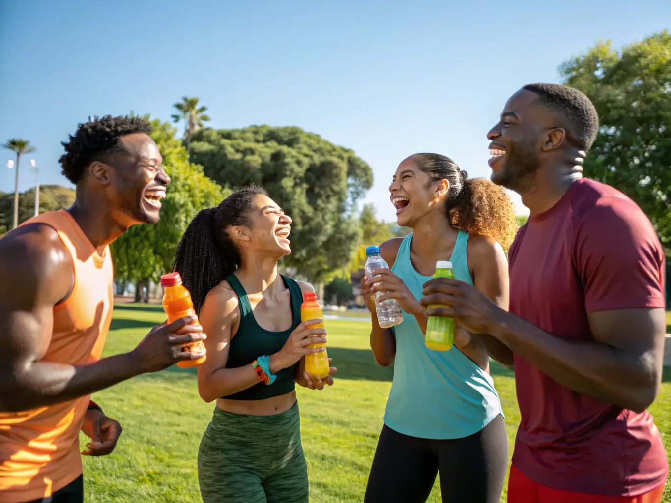A diverse group of JSA TRIATHLON ET DUATHLON members are shown laughing and supporting each other during a training session, emphasizing the community aspect and camaraderie.
