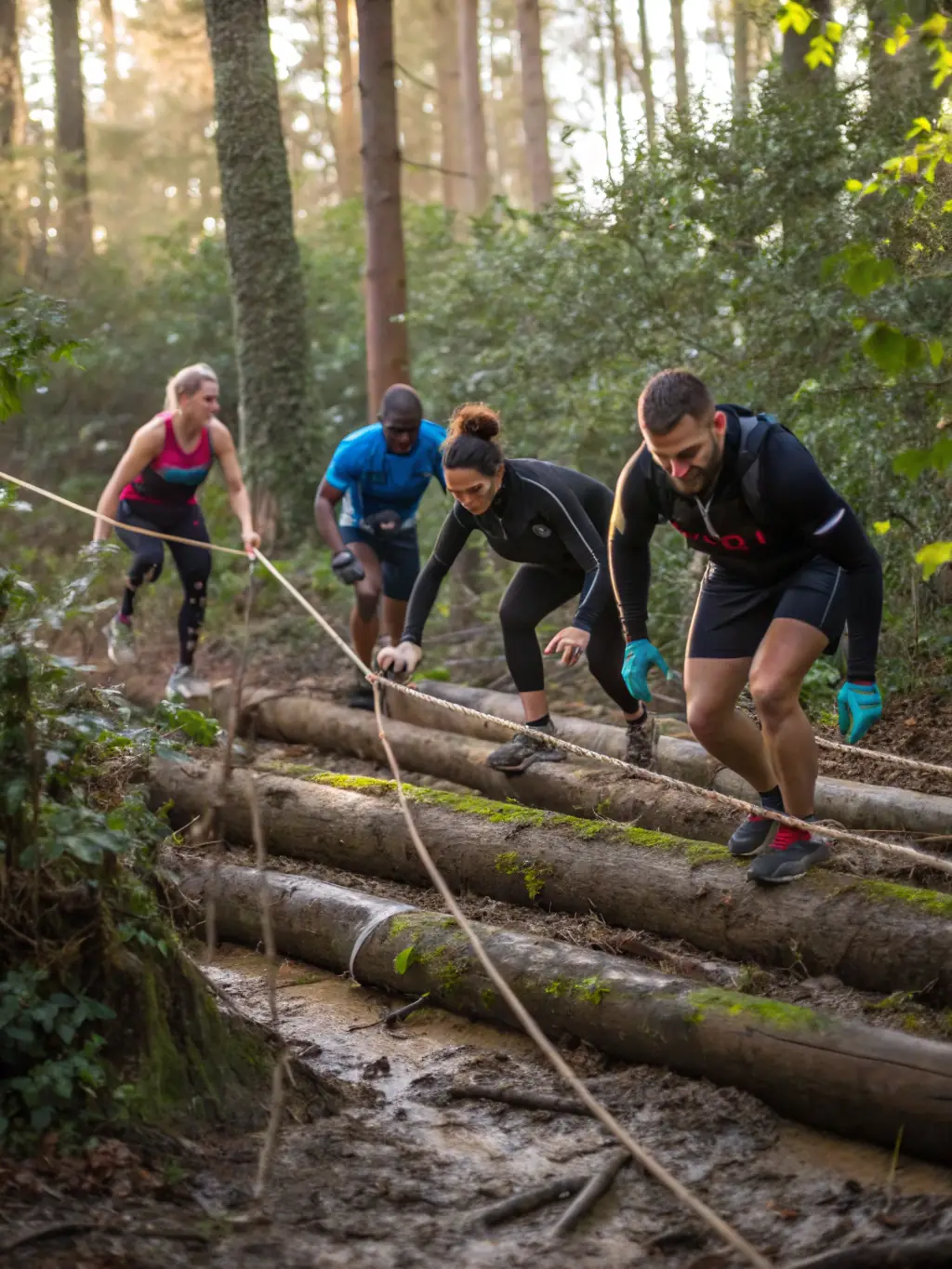A group of athletes running together during a triathlon, showcasing teamwork and endurance.