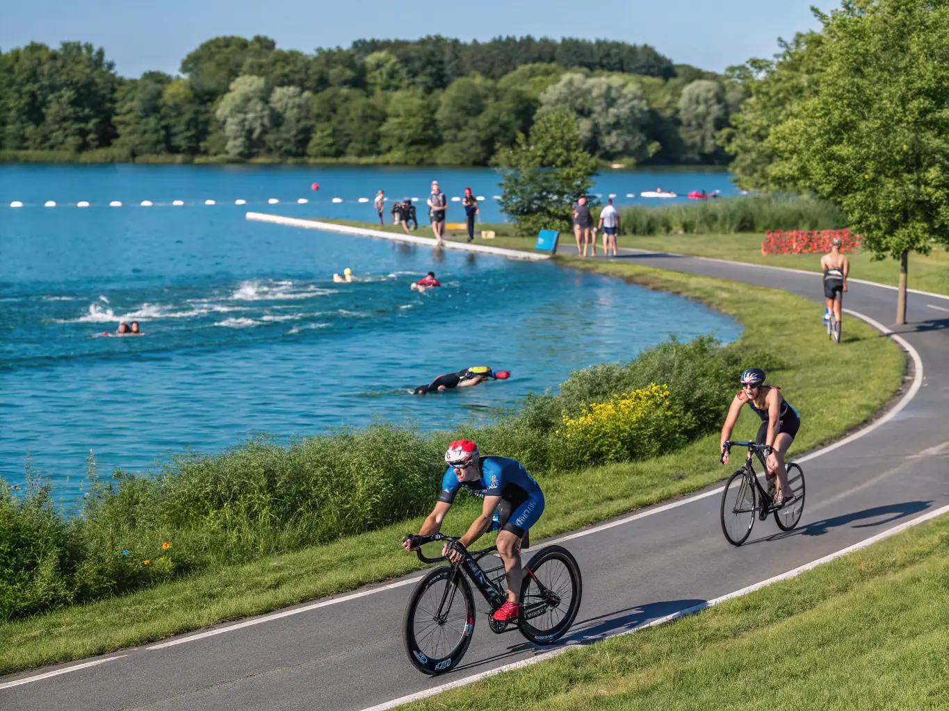 A group of athletes participating in a triathlon training session, focusing on swimming in a clear lake. The image should convey energy, teamwork, and the beauty of the sport.