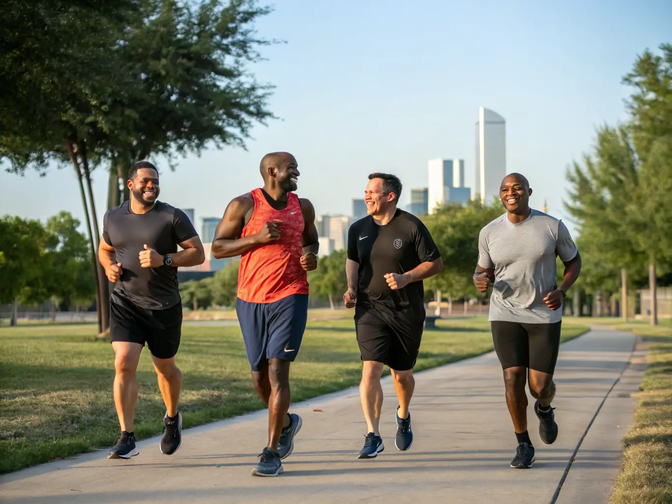 A scenic shot of a group of athletes running a trail during a duathlon event, with lush greenery and a clear path ahead, emphasizing the natural beauty of the course. This image is for the 'Upcoming Events' section of JSA TRIATHLON ET DUATHLON's website.