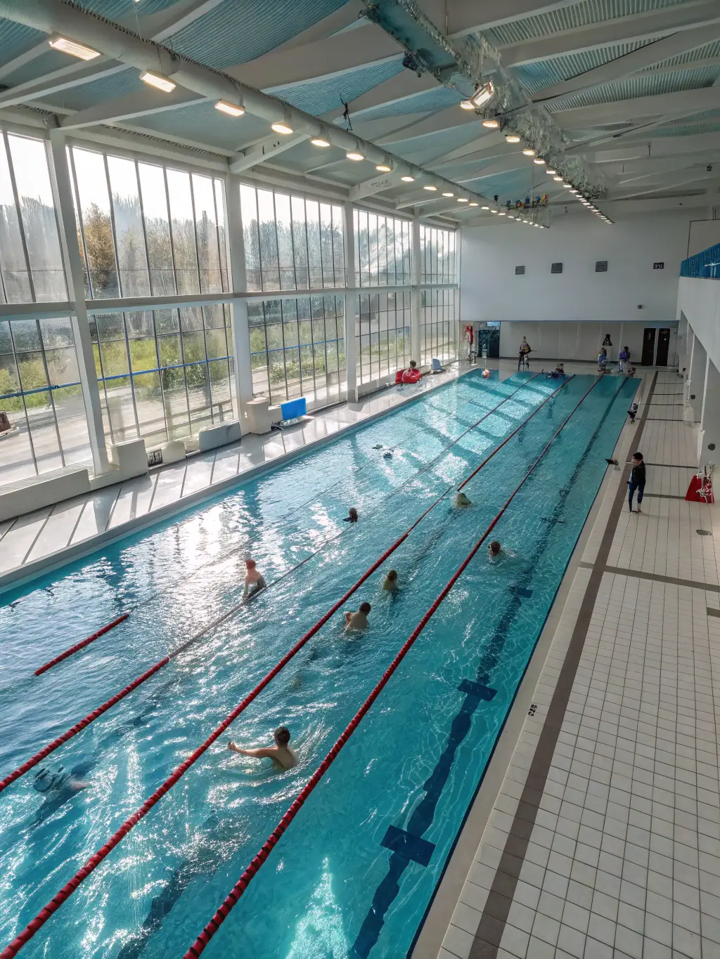Swimmers training in a pool, emphasizing technique and endurance.