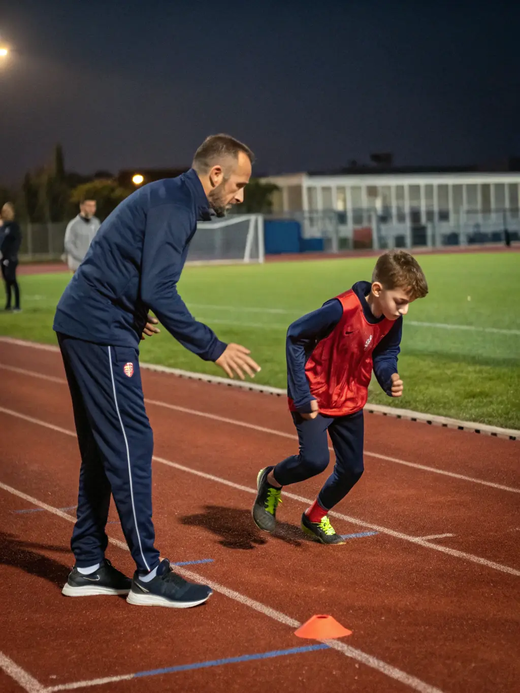 A coach providing guidance to an athlete during a training session, highlighting personalized support.