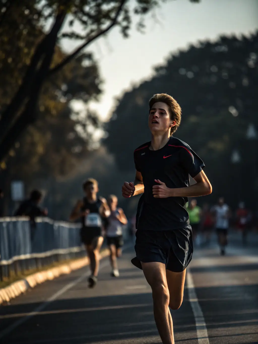 A runner participating in a duathlon event, focused and determined, with the crowd cheering in the background, capturing the excitement of the race.