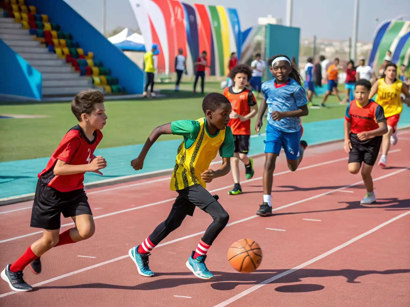 A diverse group of children participating in a youth triathlon program, emphasizing fun, fitness, and skill development. The image should convey the positive impact of sports on young people.