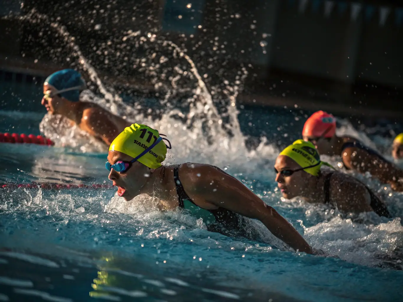 A dynamic shot of athletes competing in a triathlon, specifically the swimming leg, with clear water and determined expressions, set against a bright, sunny sky. This image is for the 'Upcoming Events' section of JSA TRIATHLON ET DUATHLON's website.